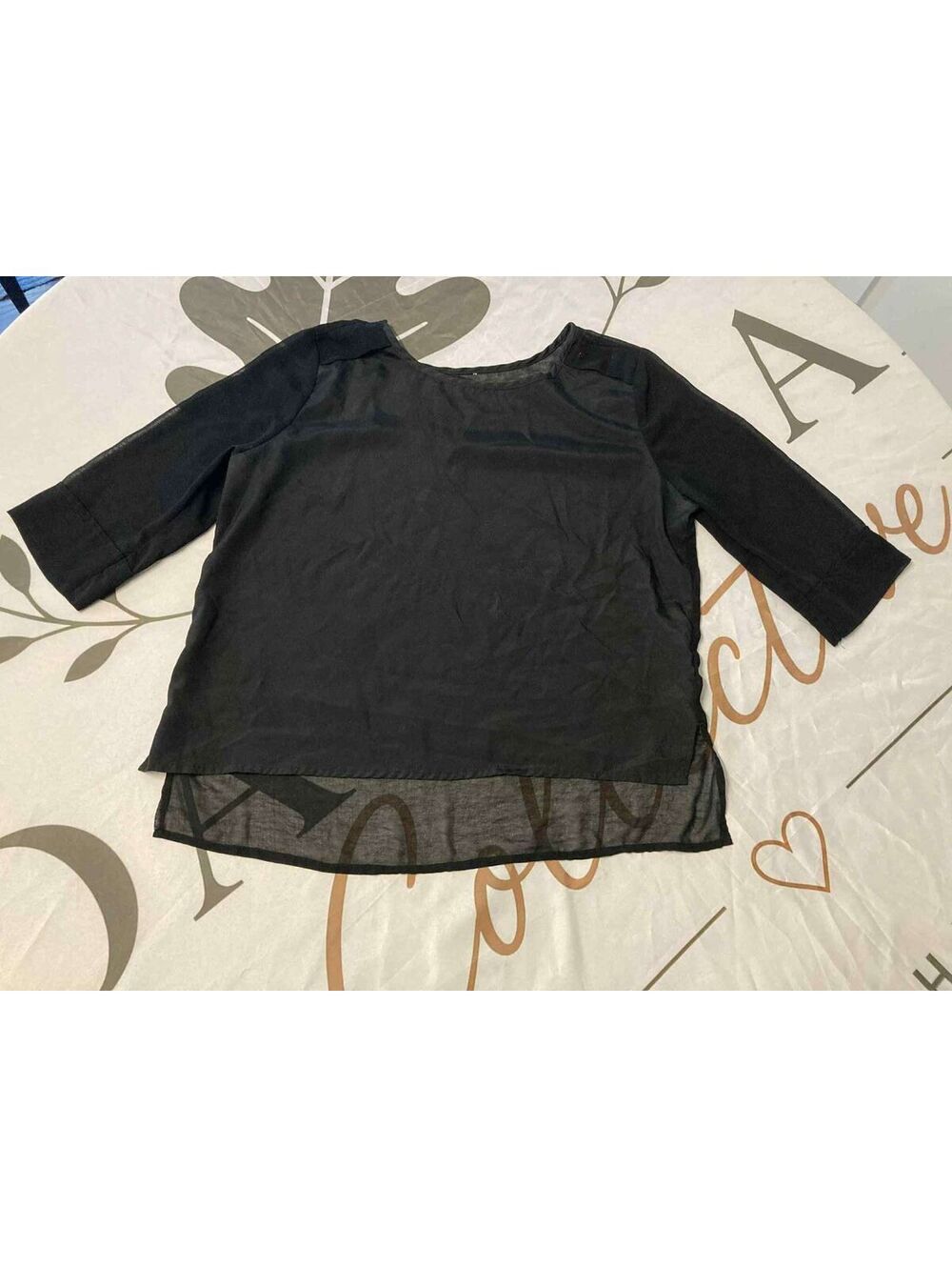 Black Sheer Hem 3/4 Sleeve Polyester Top
